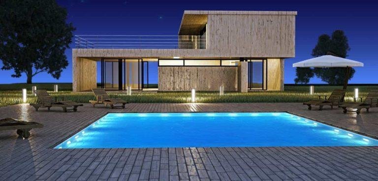 Modern House With Swimming Pool In Night Vision
